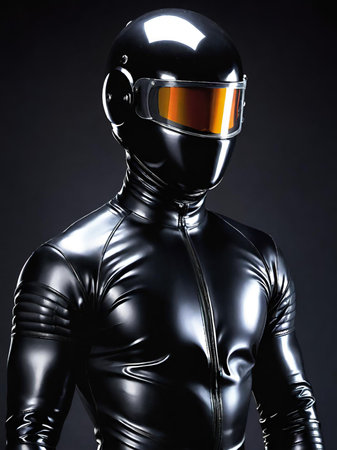 a black and white leather motorcycle helmet with his body.の素材