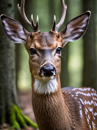 close up shot of a deer in the forest in the background.の素材