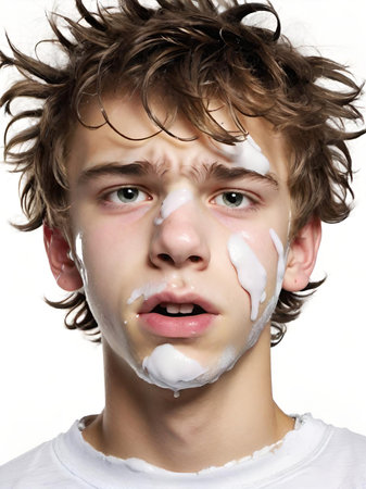 portrait of a handsome man with a cream on faceの素材