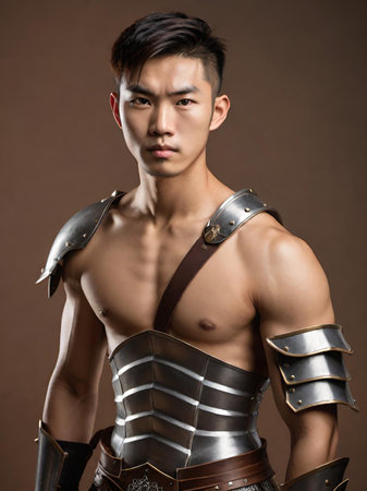 handsome man in armor and sword on grey backgroundの素材