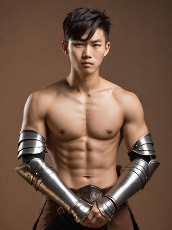 handsome man in armor and sword on grey backgroundの素材