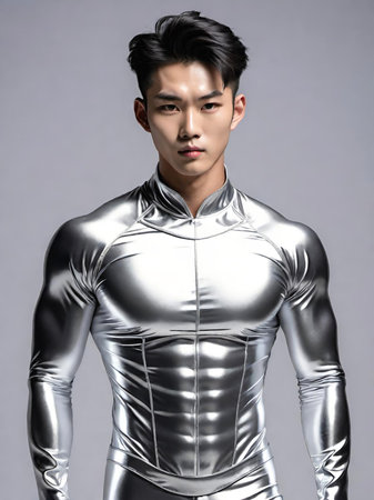 young handsome muscular asian man posing with silver body in silver suit on grey background.の素材