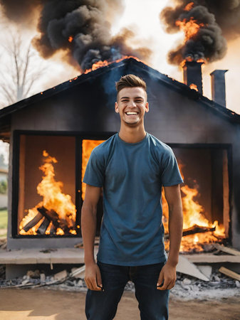 portrait of happy young man standing by fire and holding a large houseの素材