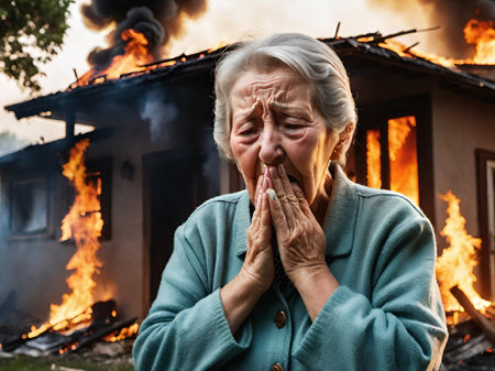 portrait of senior woman with burning houseの素材