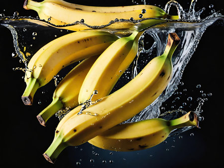 fresh bananas falling with water splash on black backgroundの素材