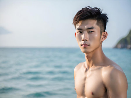 asian young man in a white bikini on a beach with blue sea backgroundの素材