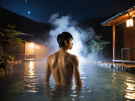 young man in the hot spring outdoorの素材