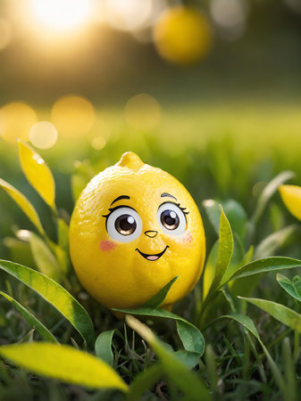 yellow lemon on the grassの素材