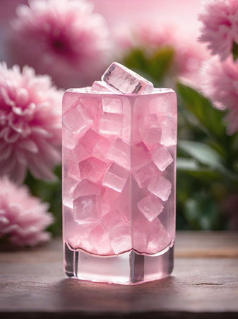 pink ice cube and flowers on wooden tableの素材