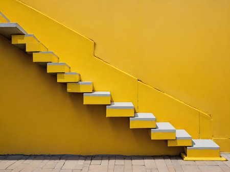 yellow stairs with a cement background.の素材