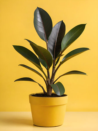 houseplant in pot on yellow backgroundの素材