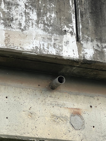 old rusty metal pipe on cement road bridge with a white background