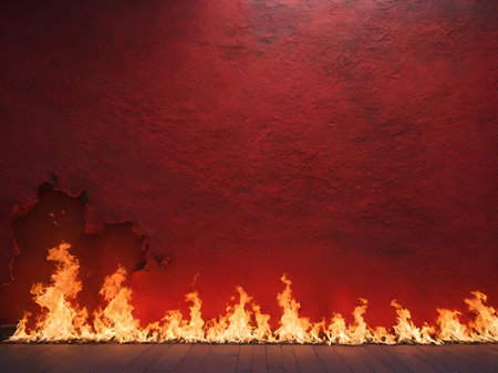 empty red fire with wooden floor background.の素材