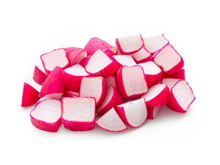 red radish sliced pieces isolated on whiteの写真素材