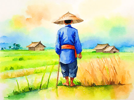 watercolor painting of farmer in the fieldsの写真素材