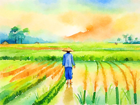 watercolor painting of farmer in the fieldsの写真素材