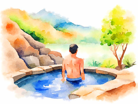 watercolor illustration, man in a swimming poolの写真素材