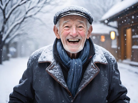 smiling senior man with beard and grey hair in winter clothes with snow in backgroundの素材