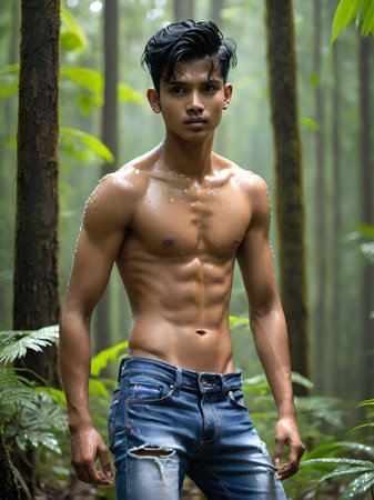 asian handsome muscular man in forest.の素材