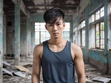 portrait of a young man posing in front of an abandoned building.の素材
