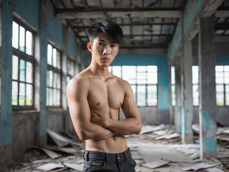 portrait of a young man posing in front of an abandoned building.の素材
