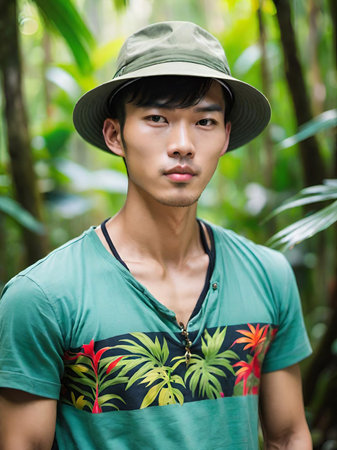 young asian male tourist in the forest in summerの素材