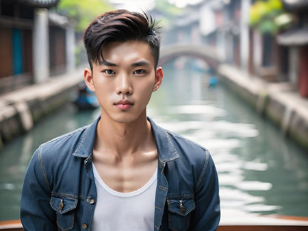 portrait of young handsome chinese tourist man in bangkok cityの素材