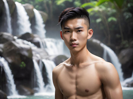 portrait of a young asian man in the waterfall. thailand waterfall.の素材