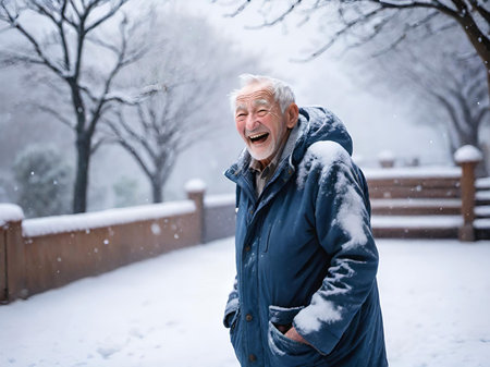 smiling senior man in snowy landscapeの素材