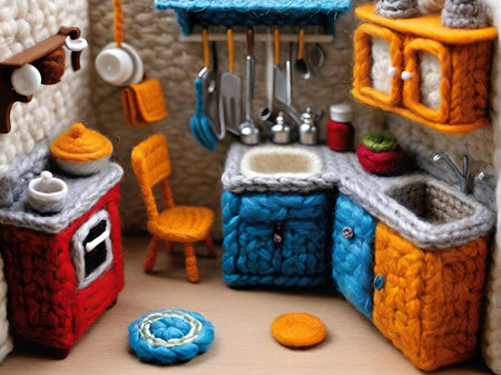 kitchen interior with teapot made from yarnの素材