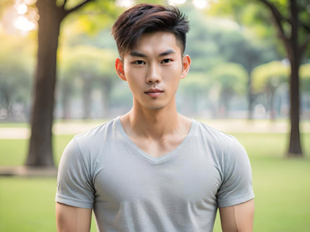 young asian man posing in the parkの素材
