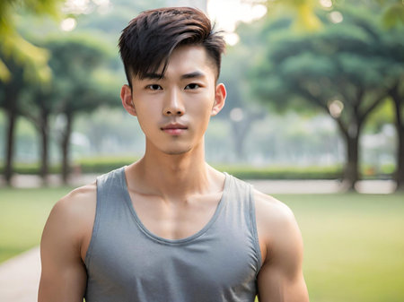 young asian man posing in the parkの素材
