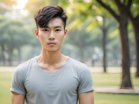 young asian man posing in the parkの素材