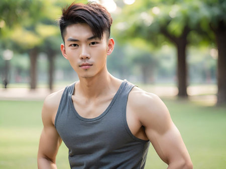 young asian man posing in the parkの素材