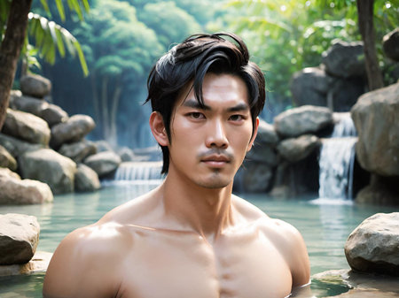 asian male model in the water in the hot springsの素材