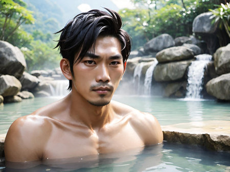 asian male model in the water in the hot springsの素材