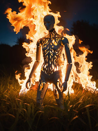 shirt display mannequin man in the forest, burning body in the night.の素材