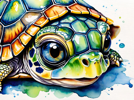 watercolor illustration of turtle on a blue background.の素材