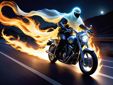 a ghost man in a motorcycle with a burning fireの素材