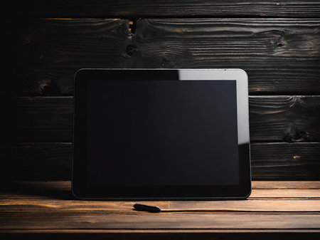 digital tablet on wooden tableの素材