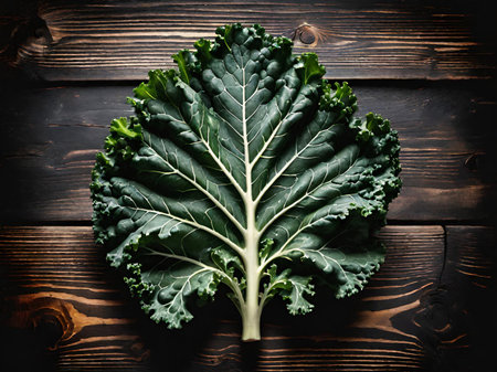 fresh green kale leaves on dark rustic backgroundの素材