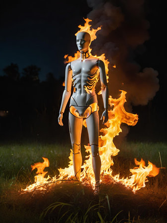 shirt display mannequin man in the forest, burning body in the night.の素材