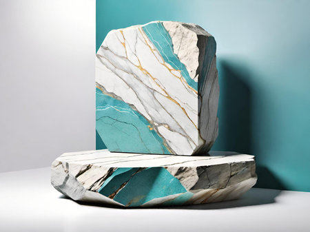 podium or pedestal on a concrete floor with a blue background.の素材