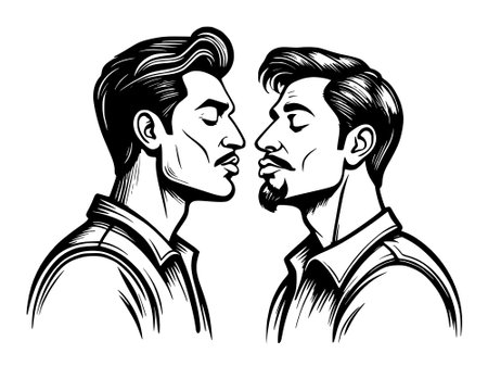 black and white illustration of young men in love.の写真素材