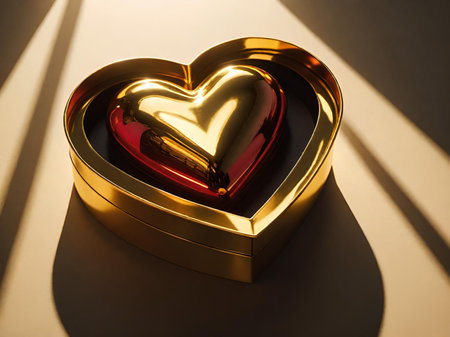 red heart inside a gold heart box 3d illustrationの素材