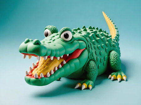 crocodile toy on blue background.の素材