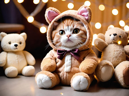 cute cat with teddy bear and christmas decorationsの素材