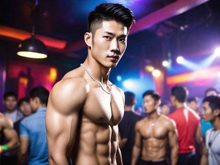 young handsome man with strong body posing in the night clubの素材
