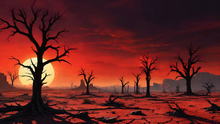 dark forest with red and orange colors.の素材