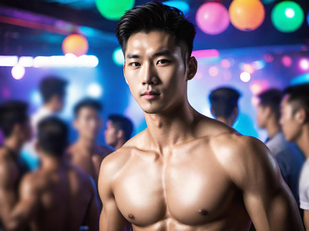 young handsome man with strong body posing in the night clubの素材